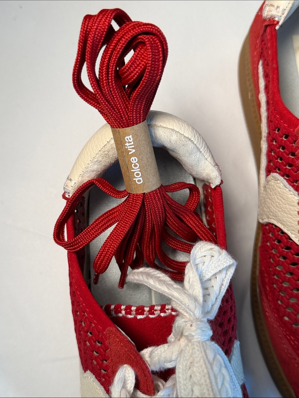 Dolce Vita Merit Perforated Red Suede Sneaker with Cream Accents - Picture 6 of 10